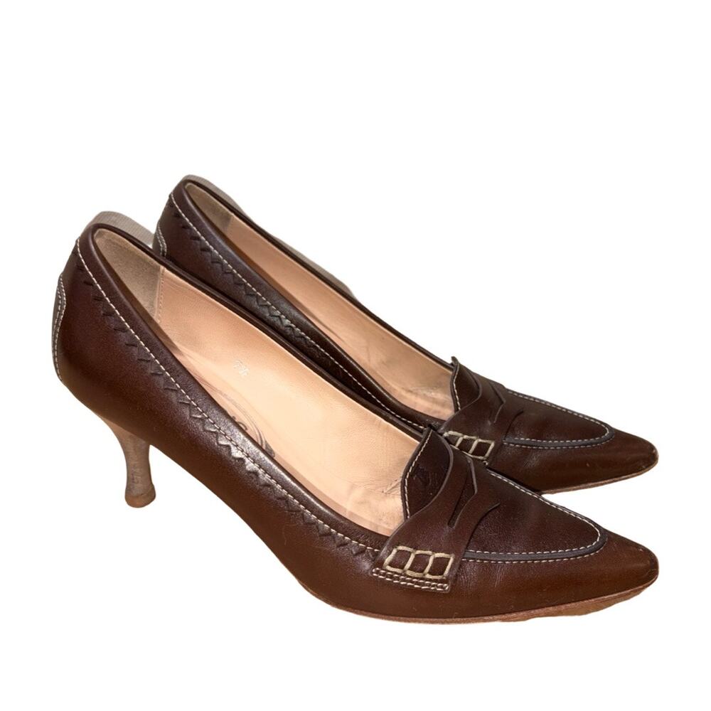 Tod's Italy Brown Leather Kitten Heels Penny Strap Pumps   Size: 7.5 - Picture 2 of 8